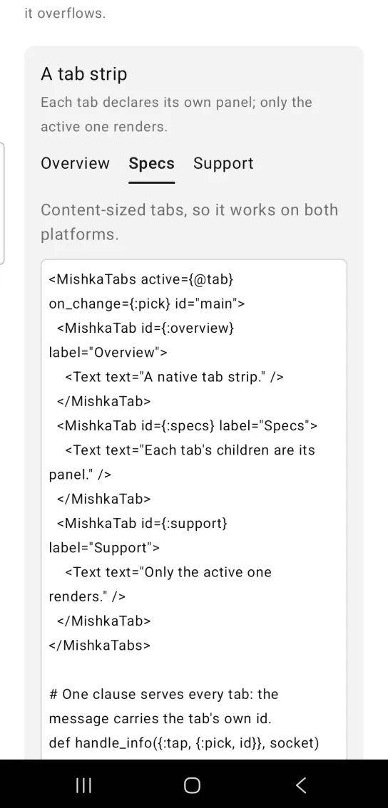 A tab strip with Specs bold and underlined and the panel text Content-sized tabs, so it works on both platforms.