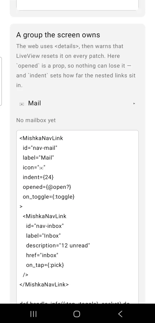 Nav link example card titled A group the screen owns, with a Mail row showing an envelope glyph and a small right pointing arrow, and the text No mailbox yet