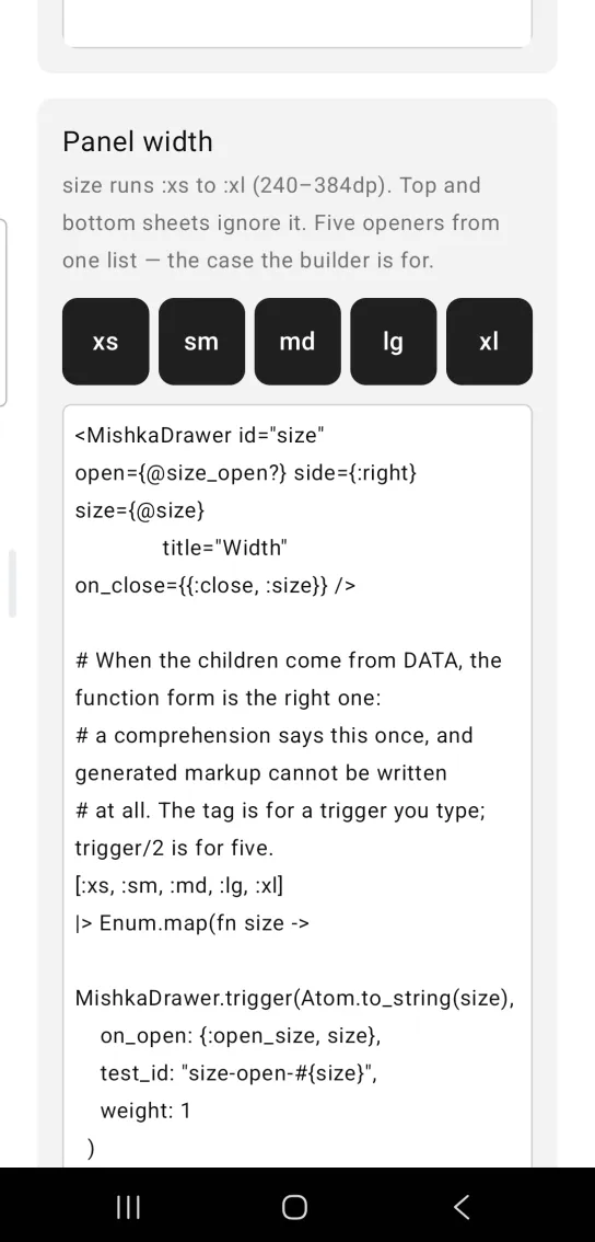 Drawer example card titled Panel width, with a row of five dark rounded buttons that show no text labels, and the example code below
