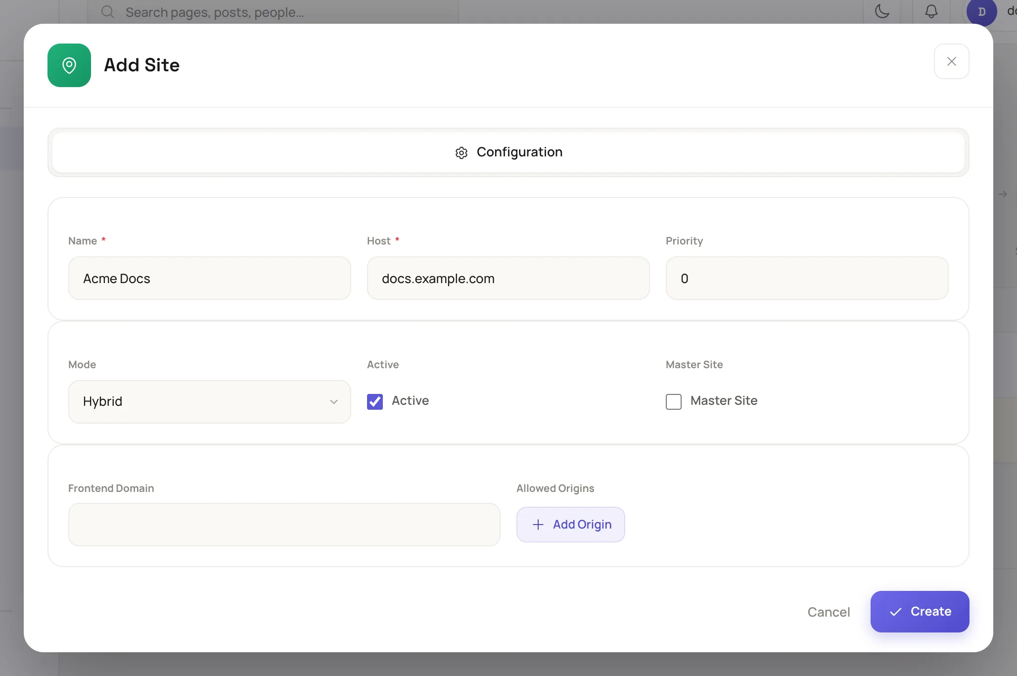 the Add Site dialog on the Configuration tab, with Name "Acme Docs", Host "docs.example.com", Mode set to Hybrid, Active ticked and the Create button visible