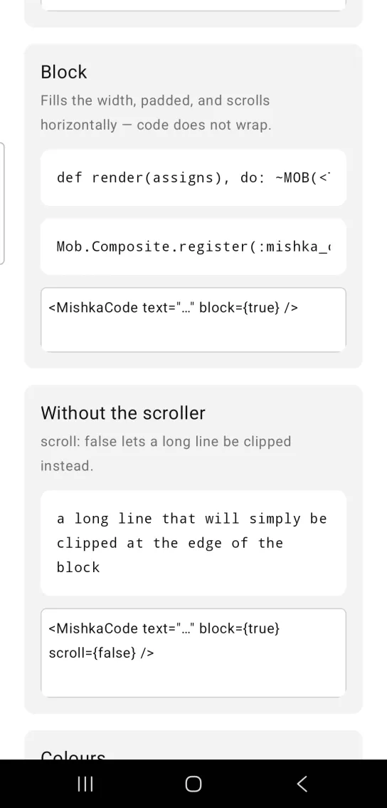 Card titled Block, with two white full-width code blocks in monospace, a def render line and a Mob.Composite.register line, each cut off at the right edge