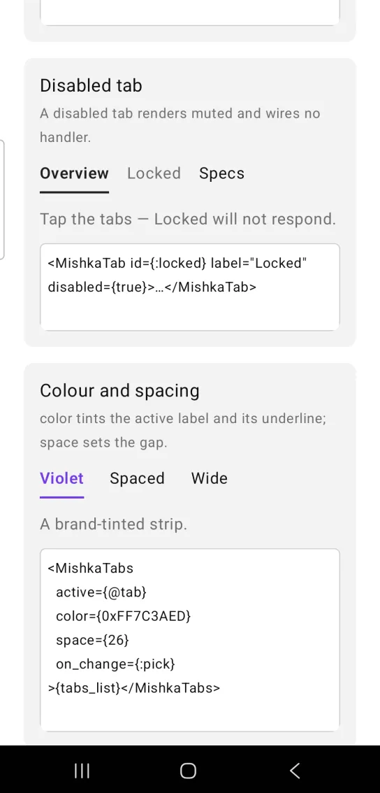 Disabled tab card: the tabs Overview, Locked and Specs with Locked dimmed, above the gray text saying Locked will not respond, in the MishkaMob showcase app on Android