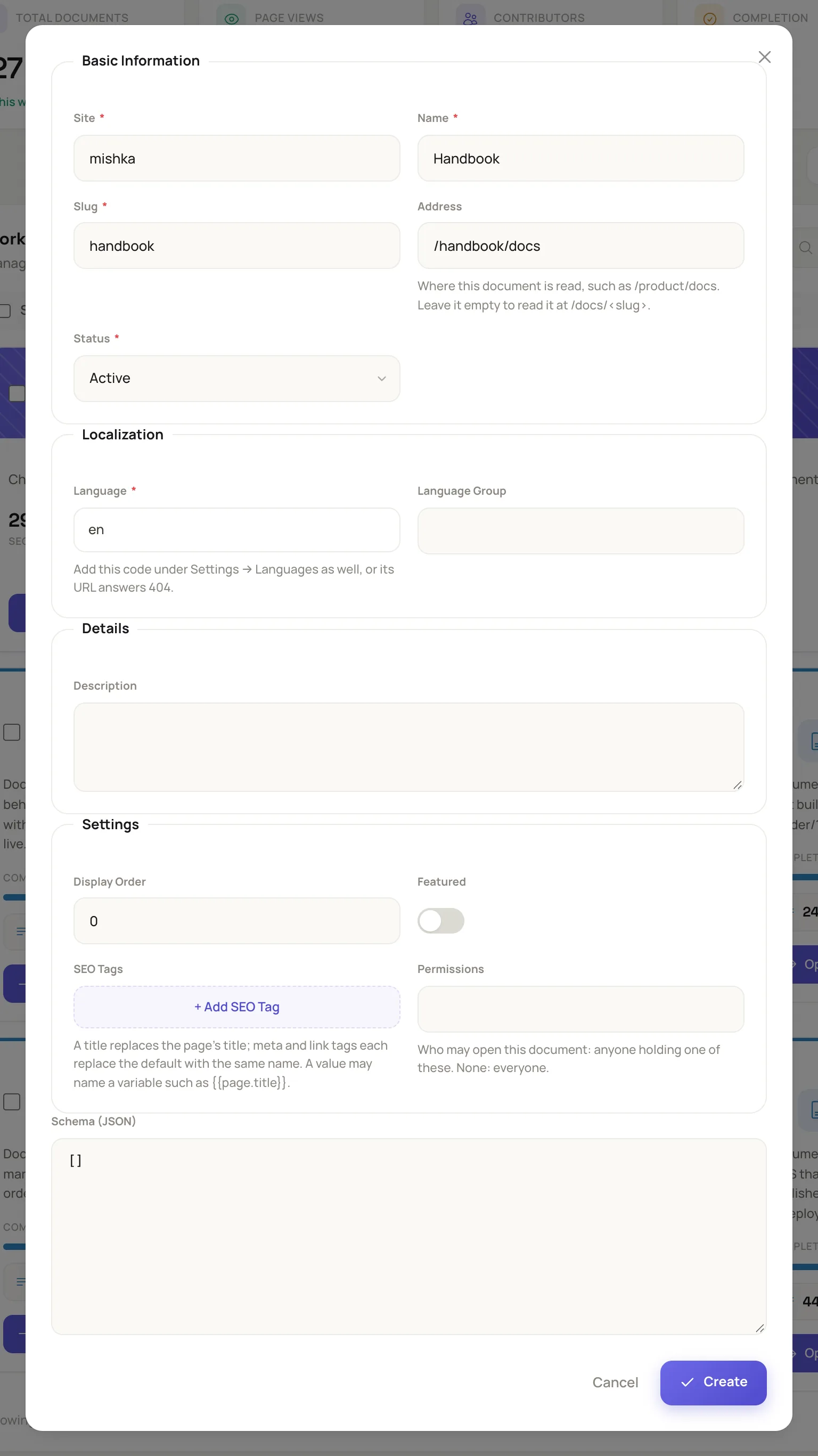 the Add Workspace dialog with Name Handbook, Slug handbook, Address /handbook/docs, Status Active and Language en filled in