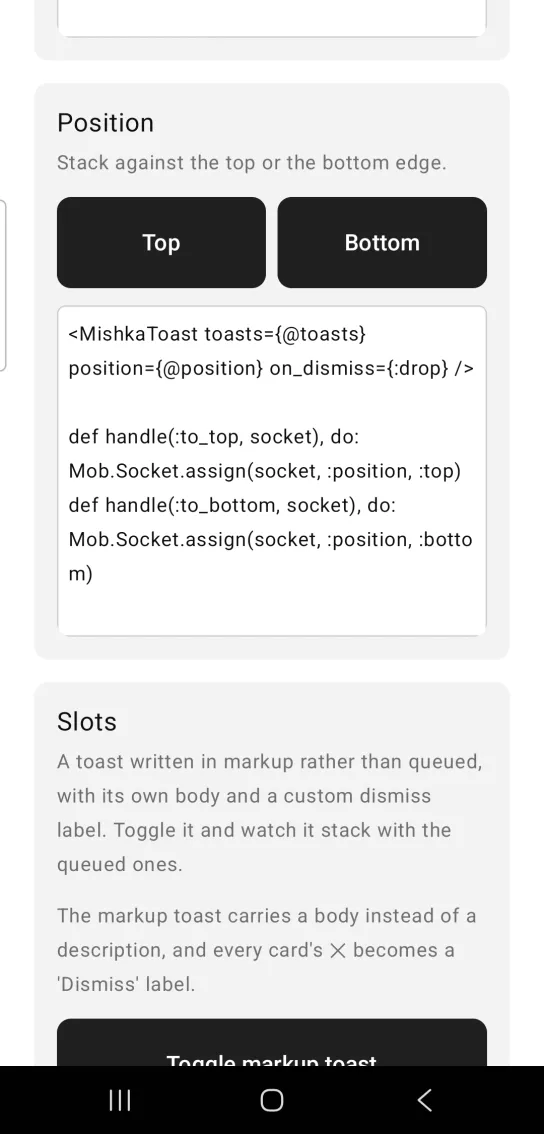 Position card: two black buttons labeled Top and Bottom side by side, below a gray line about stacking against the top or bottom edge