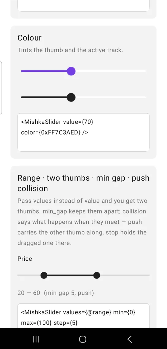 Colour card: two sliders, the first with a violet thumb and active track, the second in near black, both thumbs about two fifths along the track