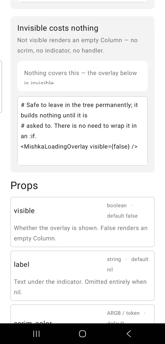 Loading overlay example card titled Invisible costs nothing, with a white card holding the clipped text Nothing covers this, the overlay below is invisible