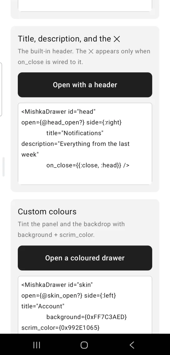 Drawer example card titled Title, description, and the ✕, with a dark Open with a header button and the drawer closed, above the next card, Custom colours