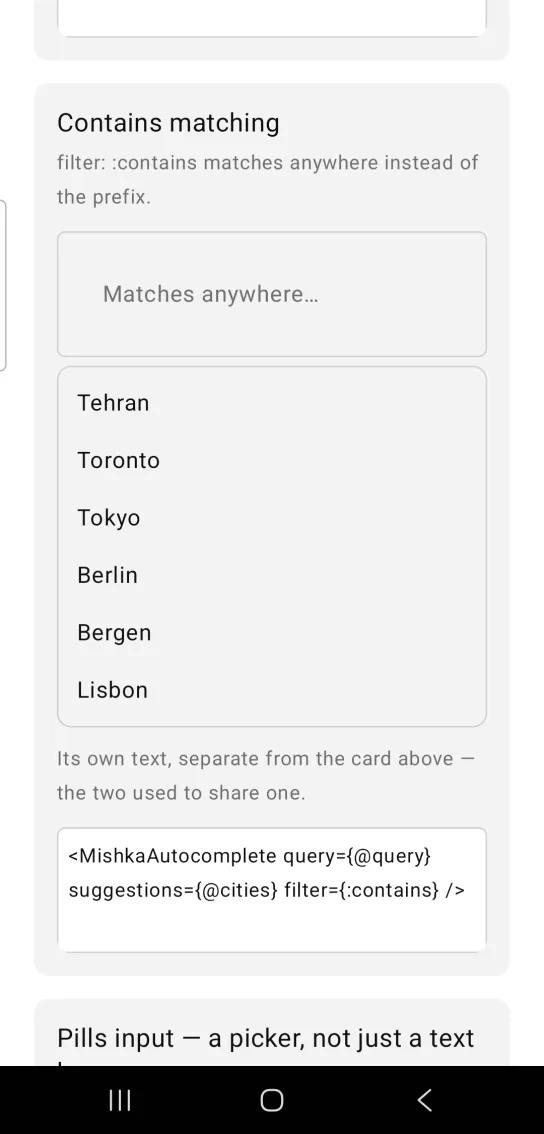 Card titled Contains matching, with an Autocomplete field showing the placeholder Matches anywhere above an open list of six cities: Tehran, Toronto, Tokyo, Berlin, Bergen and Lisbon