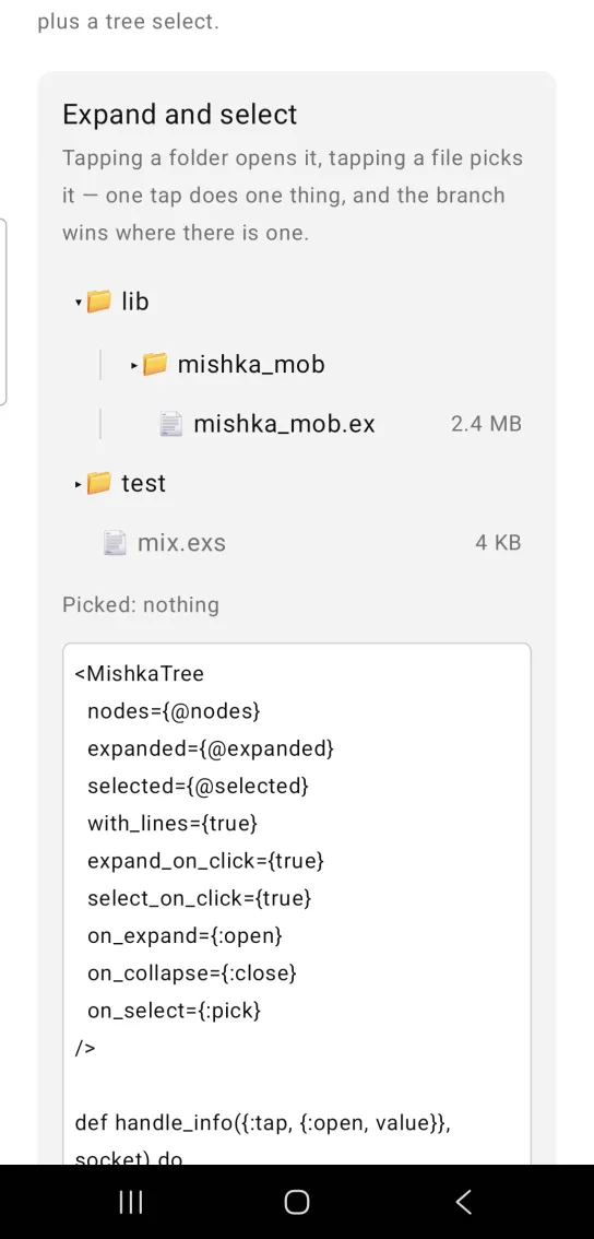 Expand and select card: a file tree with guide lines, an open lib folder holding a closed mishka_mob folder and mishka_mob.ex, then a closed test folder and a dimmed mix.exs