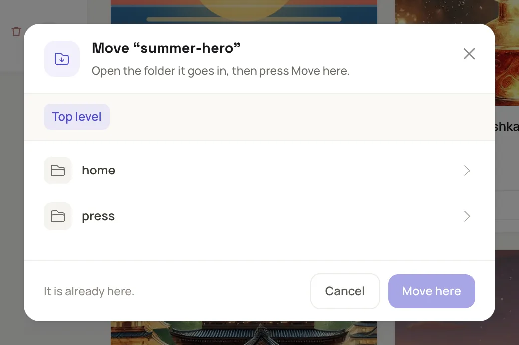 the Move dialog for one file, with the folder path across the top starting at the Top level chip, a list of folders, and the Move here button