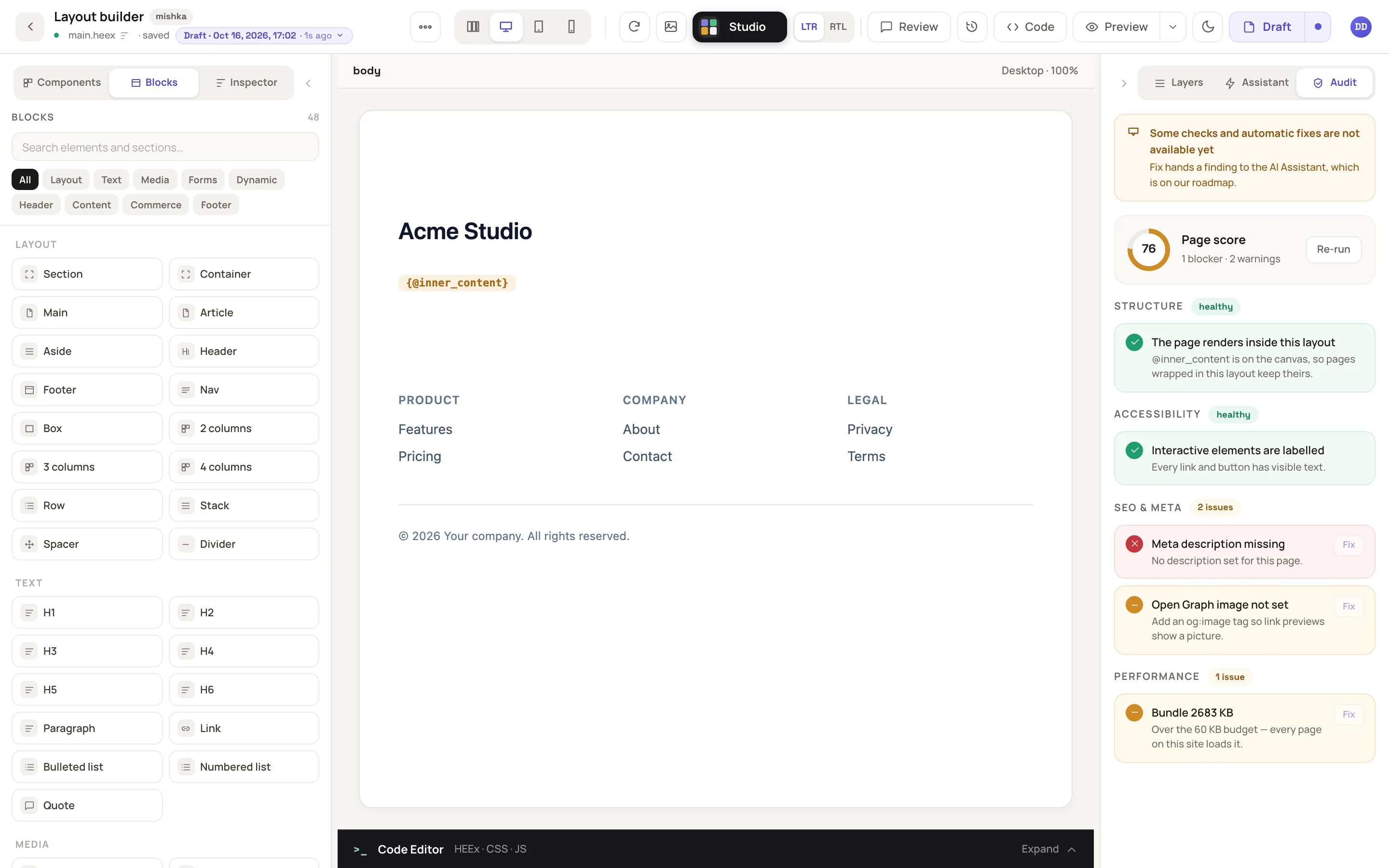 a layout on the canvas with a header above, the @inner_content chip in the middle and a footer below, and the Audit tab showing The page renders inside this layout