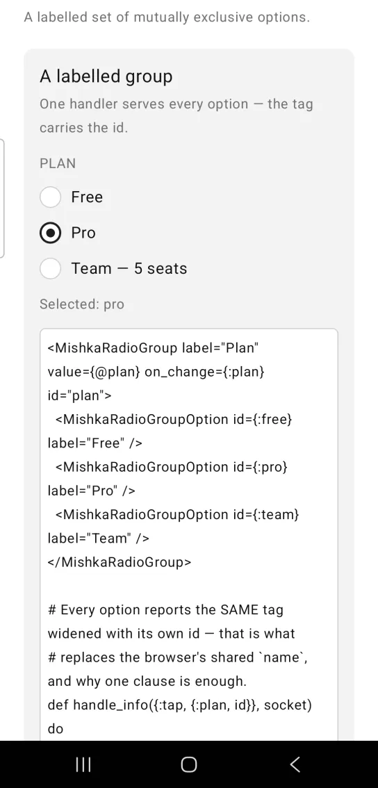 A labelled group card with a radio group headed PLAN with Free, Pro and Team, Pro selected, and the line Selected: pro, in the MishkaMob showcase app on Android