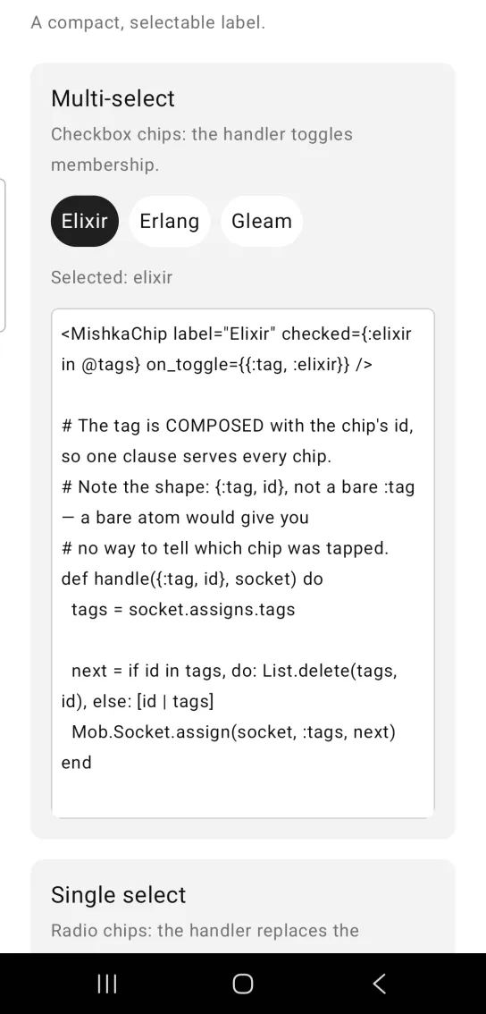 Card titled Multi-select, with three chips, Elixir filled dark as selected and Erlang and Gleam white, above the text Selected: elixir, in the MishkaMob showcase app on Android