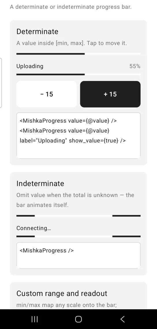 Two progress bars filled to 55 percent, one labelled Uploading, with minus and plus buttons below.