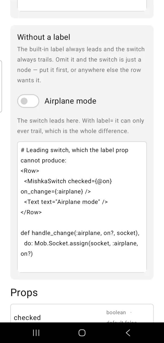 Without a label card: a switch turned off followed by the text Airplane mode, with a gray note below saying the switch leads here