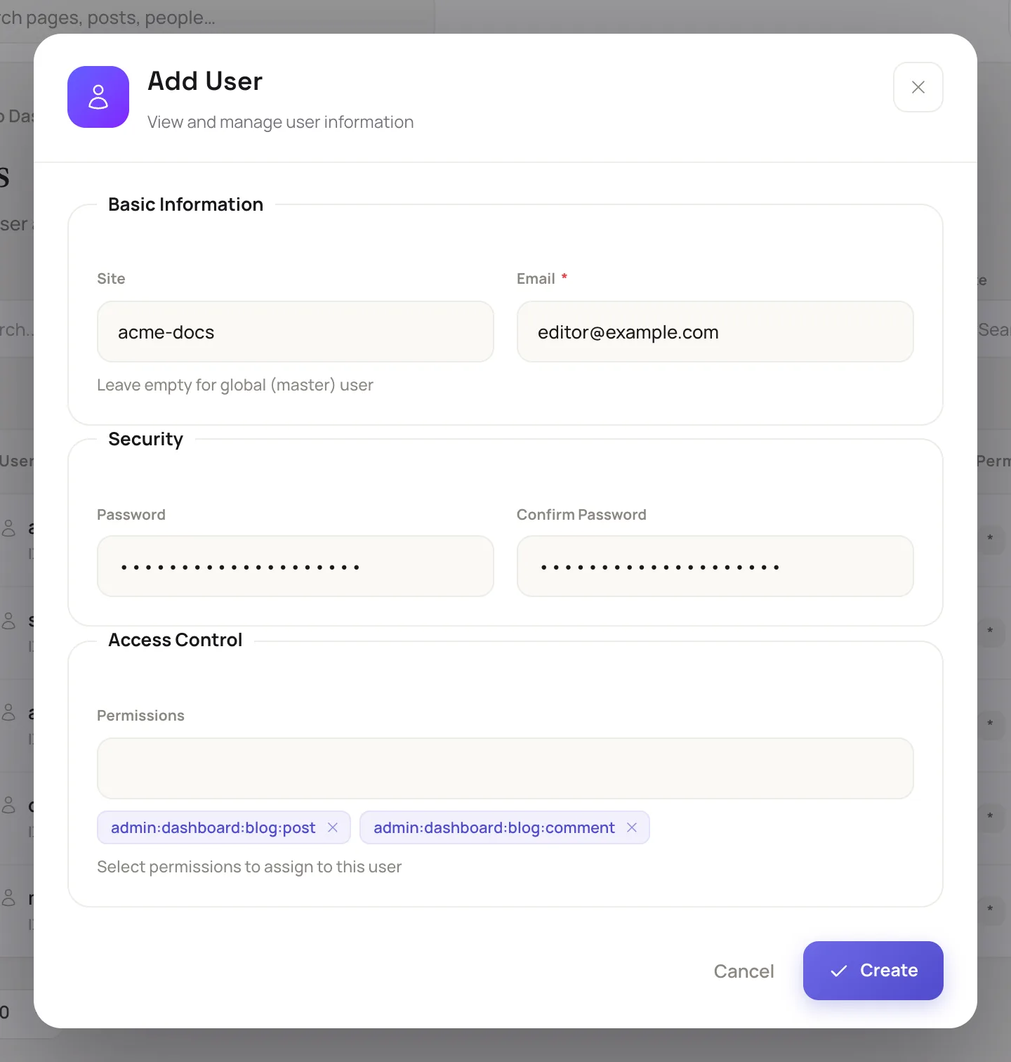 the Add User dialog with the Basic Information, Security and Access Control groups filled in and two permission names picked in the Permissions field
