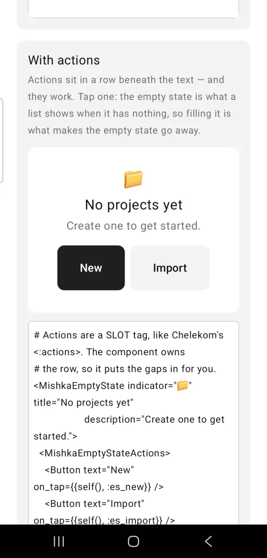 Empty state example card titled With actions, with a folder emoji above No projects yet, the text Create one to get started, and dark New and pale Import buttons