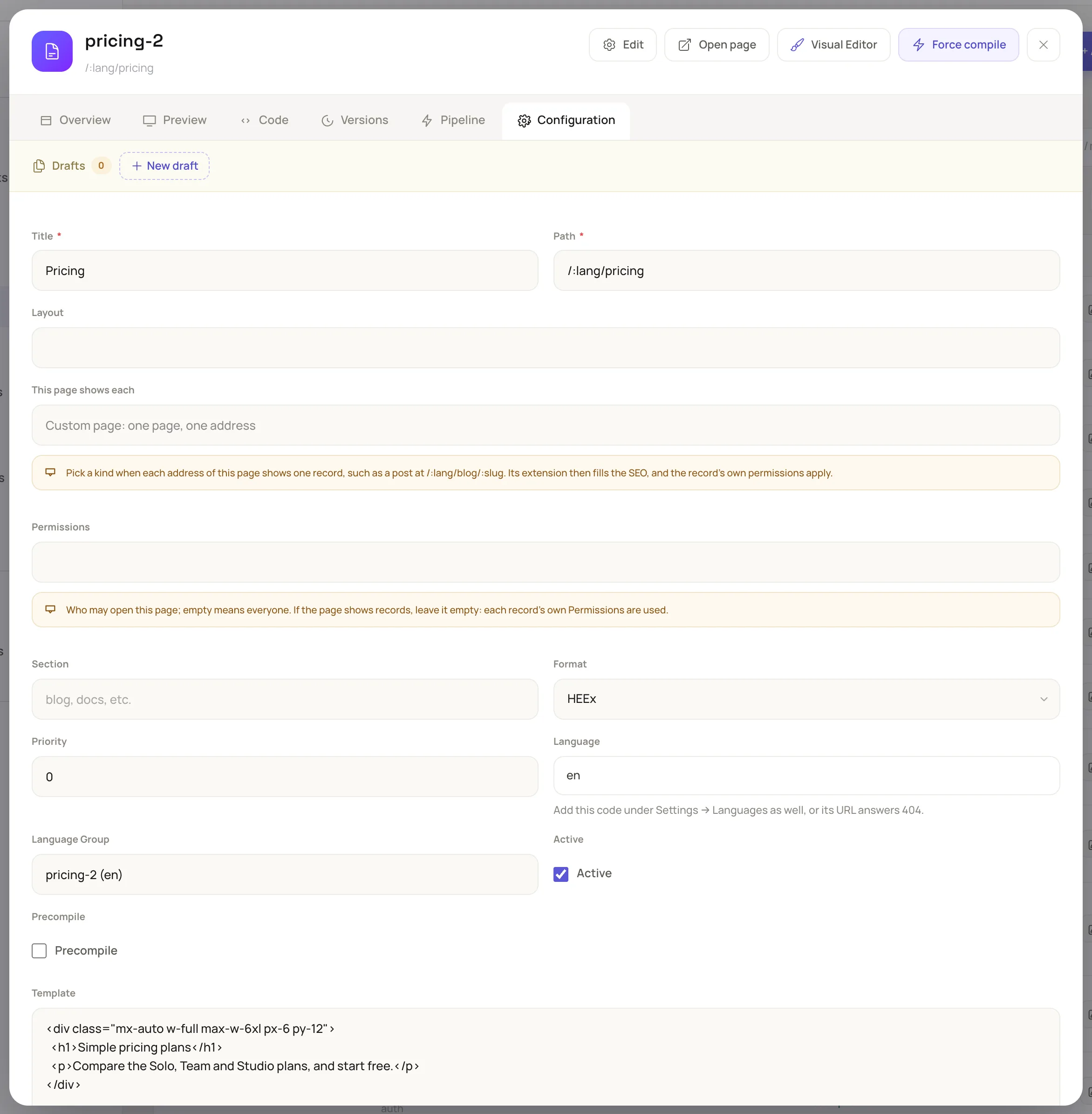 the Configuration tab of a page opened with Edit, with Title and Path at the top and Section, Format, Priority, Language, Language Group, Active and Precompile below them