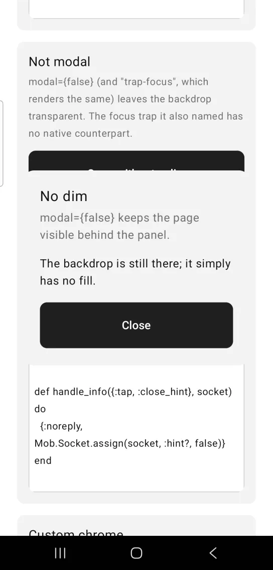 A dialog titled No dim over a page that is not dimmed, with a Close button.