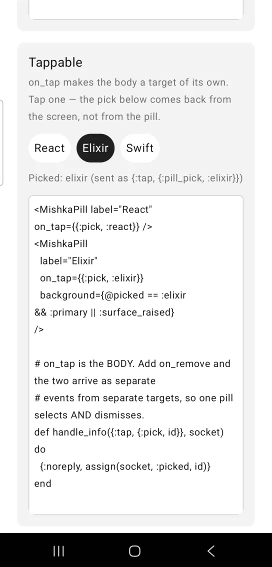 Three pills React, Elixir and Swift with Elixir highlighted, and a line below saying Picked: elixir.