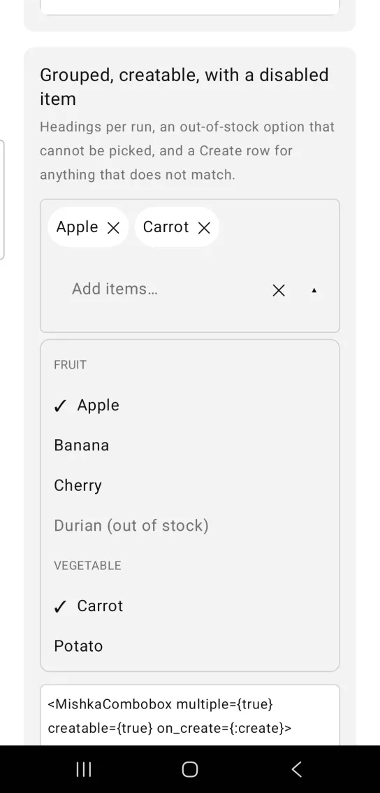 A combobox with Apple and Carrot chips and an open grouped list with FRUIT and VEGETABLE headings and a greyed Durian.