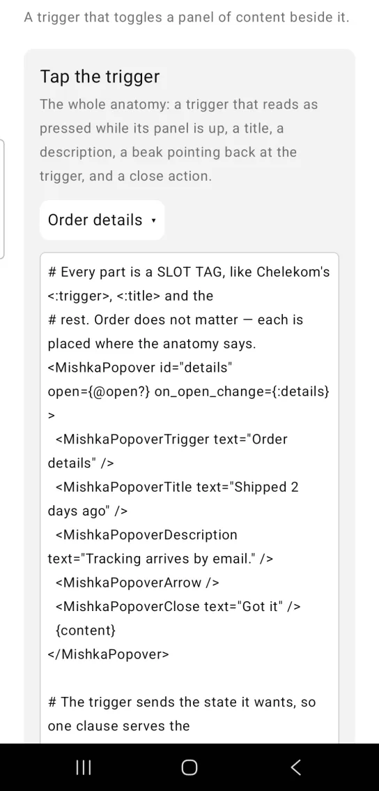 Tap the trigger card with a closed popover trigger, a white button labeled Order details with a small down arrow, in the MishkaMob showcase app on Android