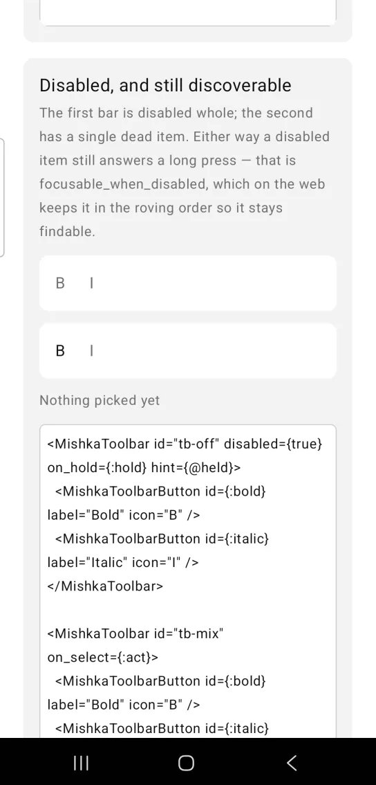 Disabled, and still discoverable card: two toolbars with B and I buttons, the first fully muted and the second with a dark B and a muted I