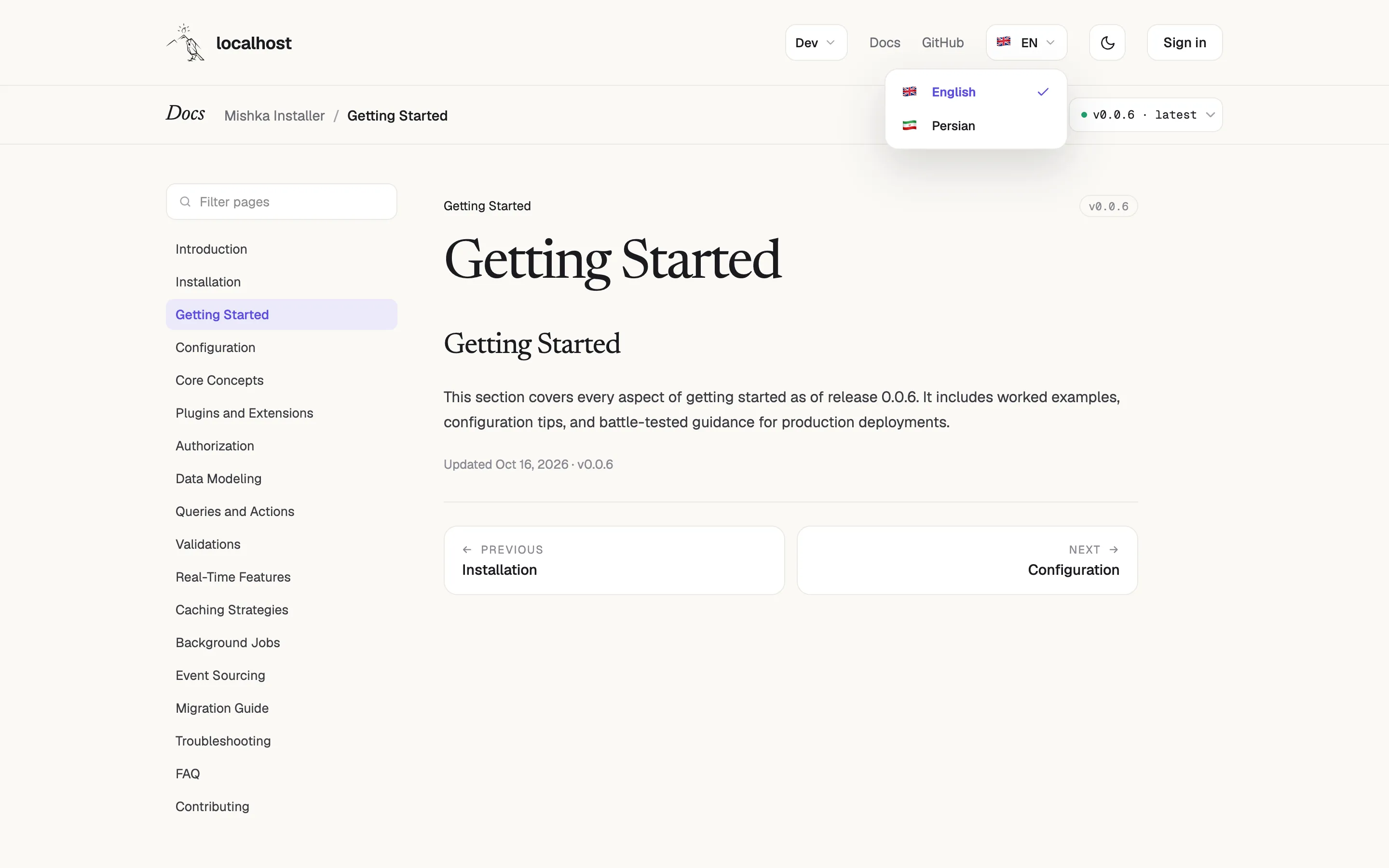 the header with its language dropdown open, listing English and Persian, and the Docs bar under it with the breadcrumb and the version menu, above the page