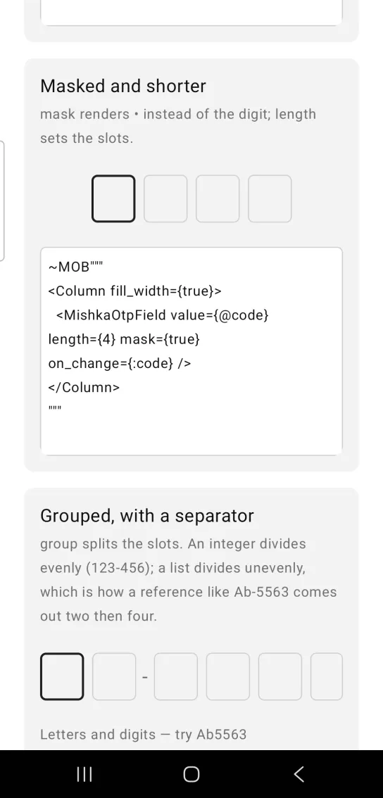 Masked and shorter card with a row of four empty one-time-code boxes, the first outlined as focused, in the MishkaMob showcase app on Android