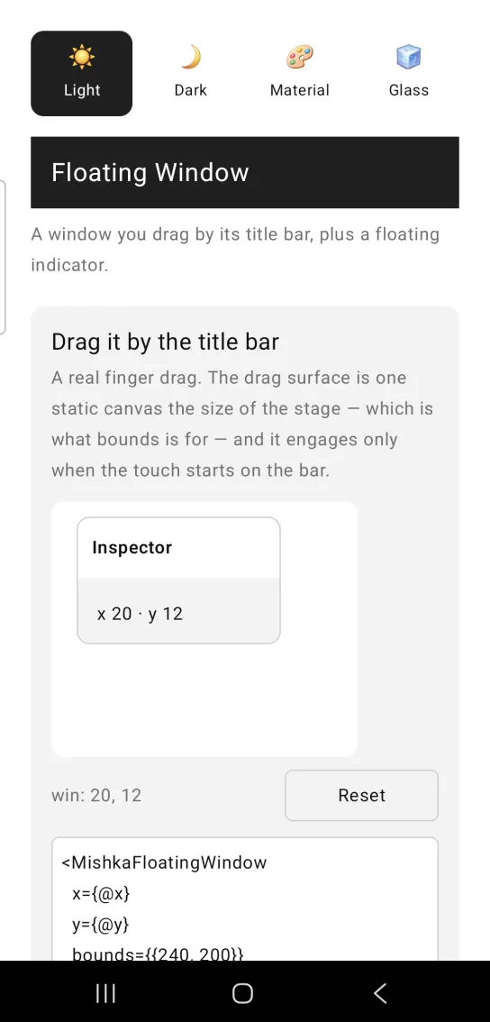 Floating window example card titled Drag it by the title bar, with a window titled Inspector reading x 20 y 12, the readout win: 20, 12 and a Reset button