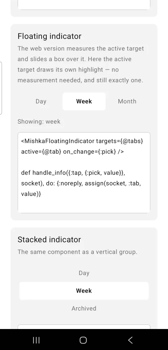 A three option strip Day, Week and Month with Week highlighted, and the line Showing: week below.