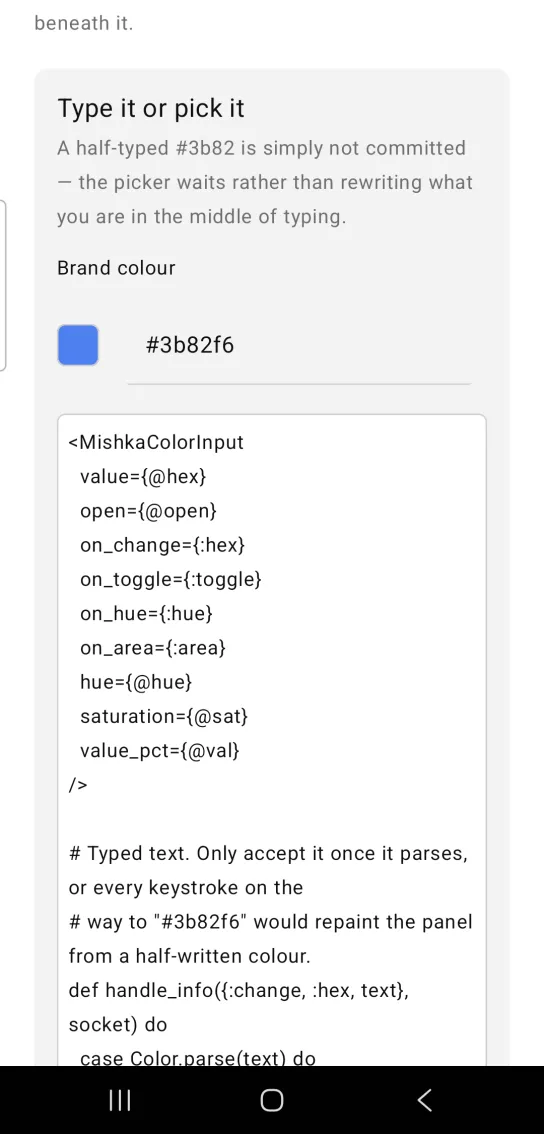 Card titled Type it or pick it, with a color input labeled Brand colour showing a blue swatch beside the hex text #3b82f6 over an underline