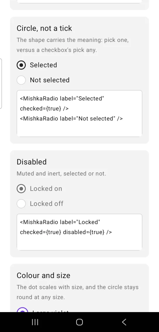 Circle, not a tick card with two radio rows, Selected with a dot inside its circle and Not selected with an empty circle, in the MishkaMob showcase app on Android