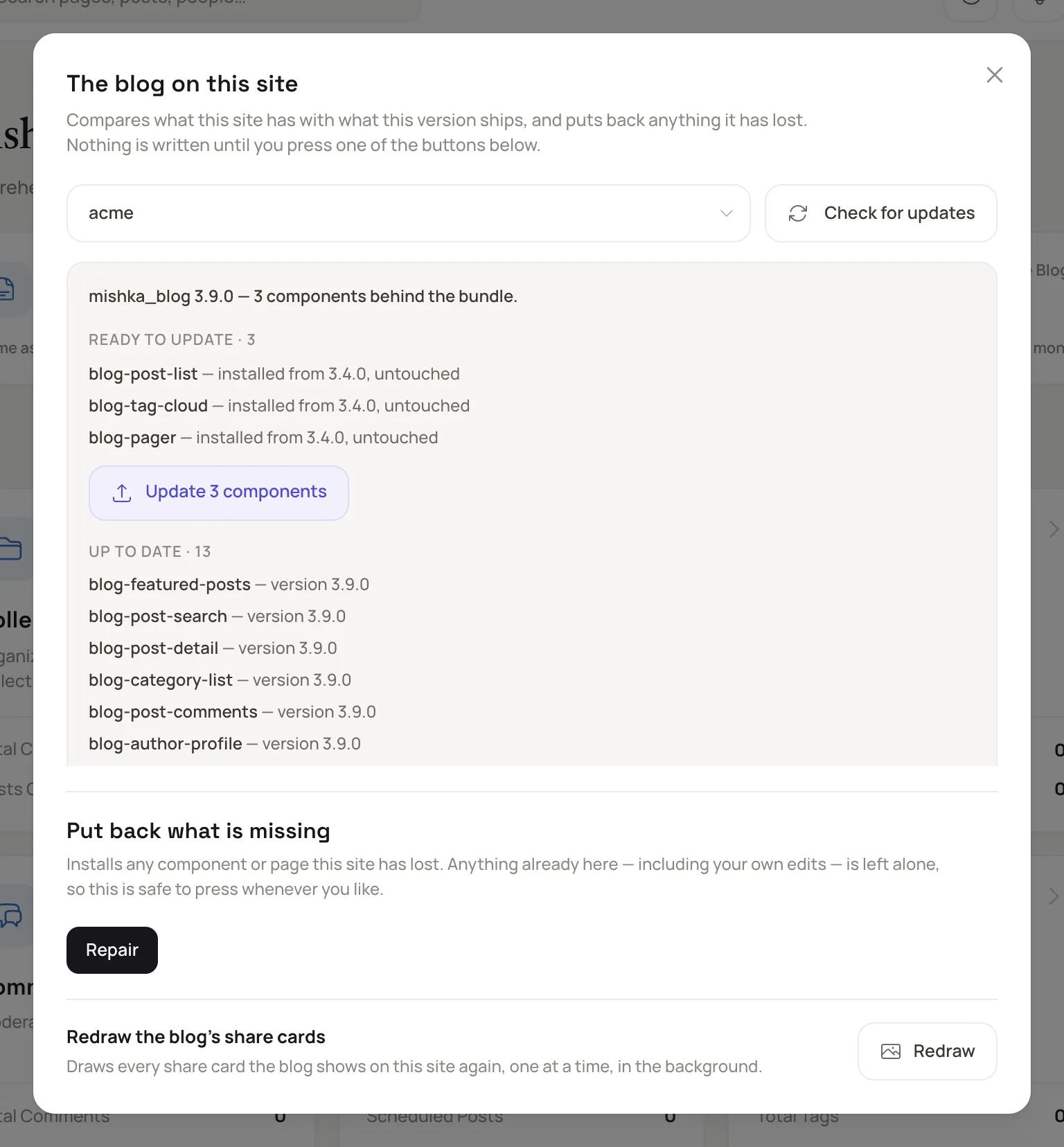 the Check and repair dialog after Check for updates, with the Ready to update group, its Update button and the Up to date list