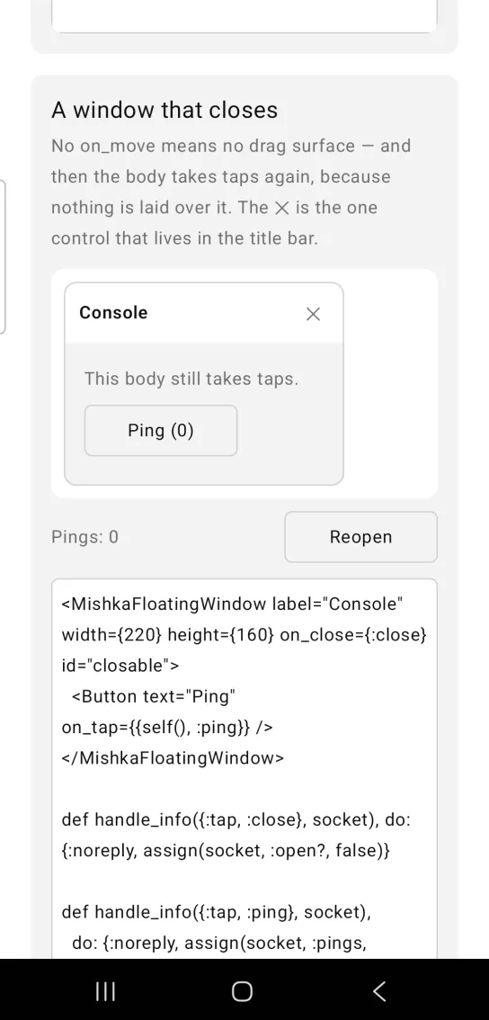 Floating window example card titled A window that closes, with a Console window with an X, the line This body still takes taps and a Ping (0) button, above Pings: 0