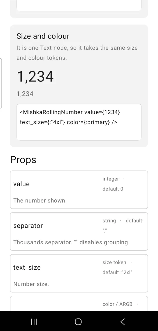 Size and colour card with the number 1,234 in very large near black type and a small muted 1,234 below it, in the MishkaMob showcase app on Android