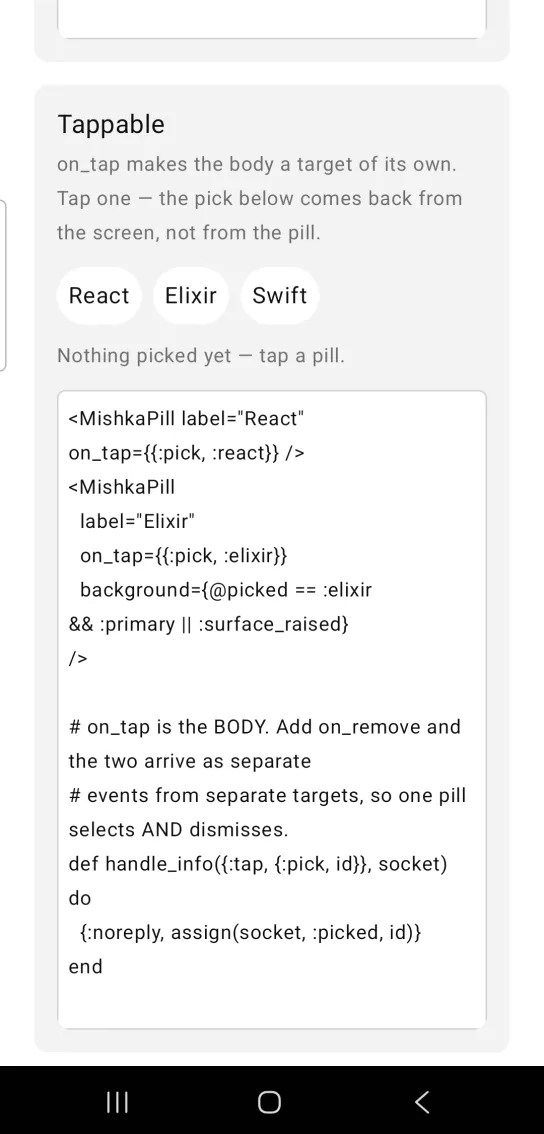 Tappable card with three pills in a row labeled React, Elixir and Swift, and a gray line below saying nothing is picked yet, in the MishkaMob showcase app on Android