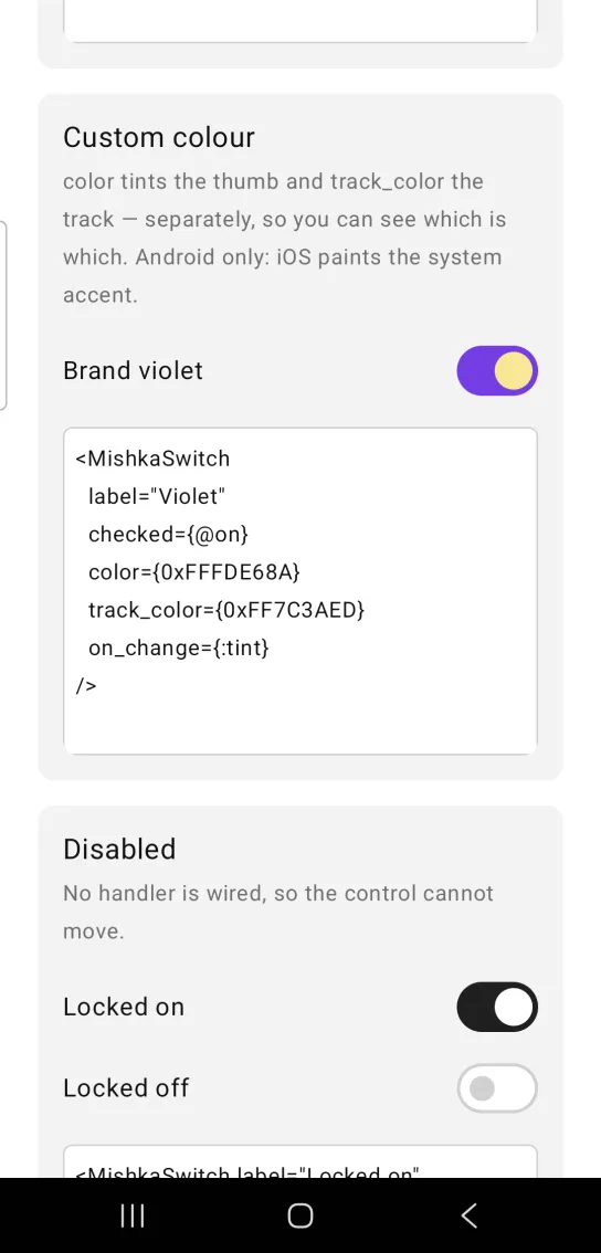 Custom colour card: one switch row labeled Brand violet, switched on, with a pale yellow thumb on a violet track, in the MishkaMob showcase app on Android