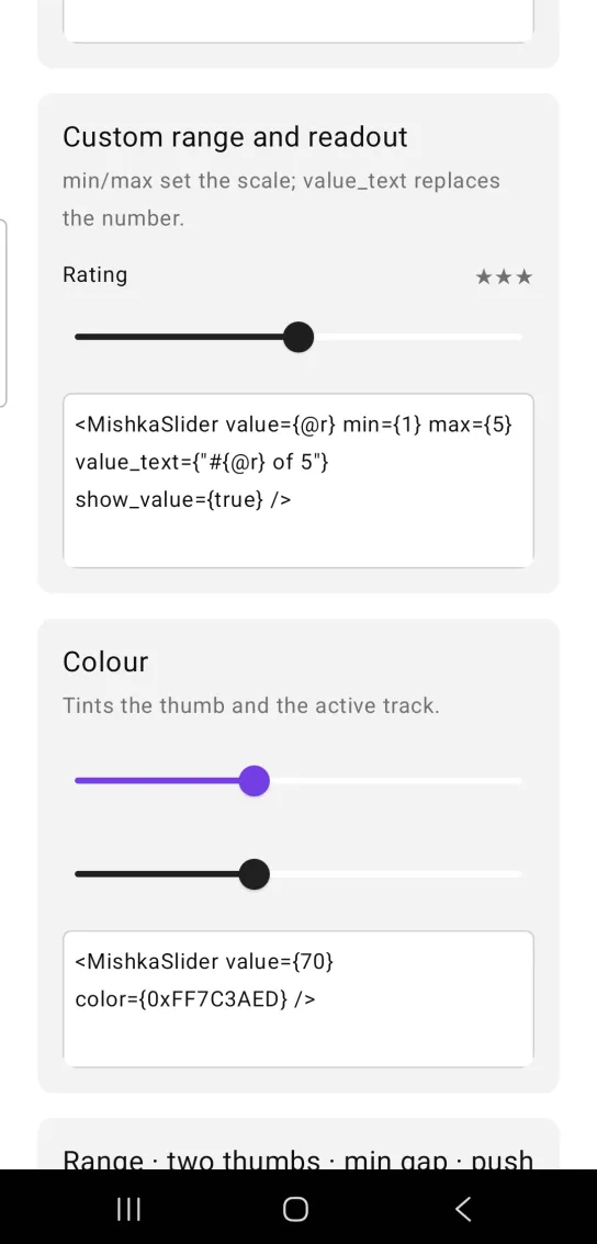 Custom range and readout card: a slider labeled Rating with three stars as the readout and the thumb at the middle of the track