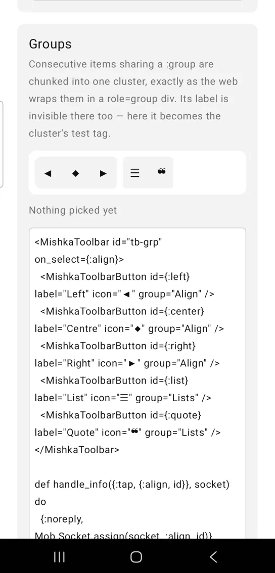 Groups card: a toolbar of two gray clusters, left arrow, diamond and right arrow icons, then list and quote icons, above the gray text Nothing picked yet