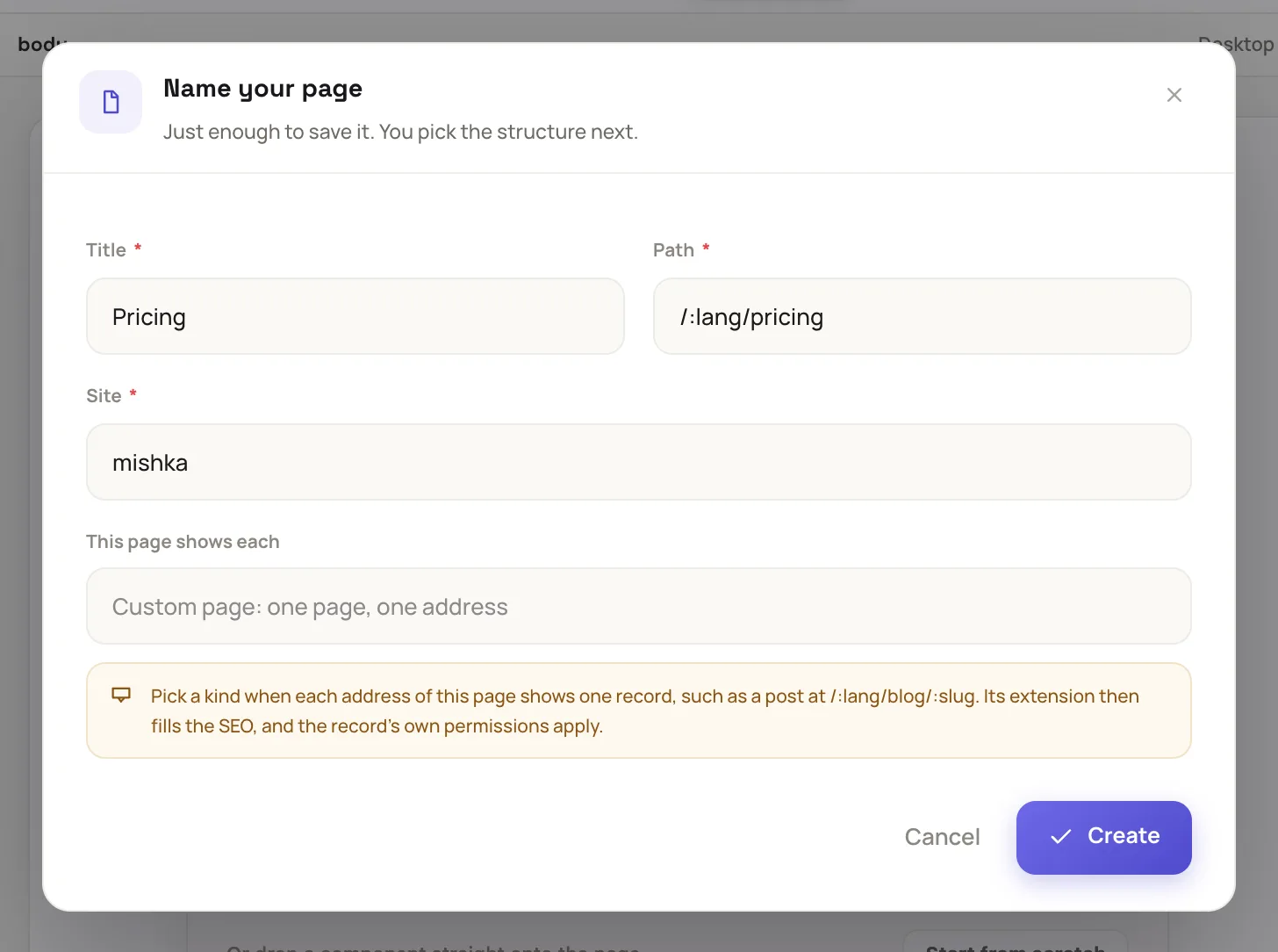 the Name your page dialog over the editor, with Title "Pricing" and Path "/:lang/pricing" filled in and the Create button visible
