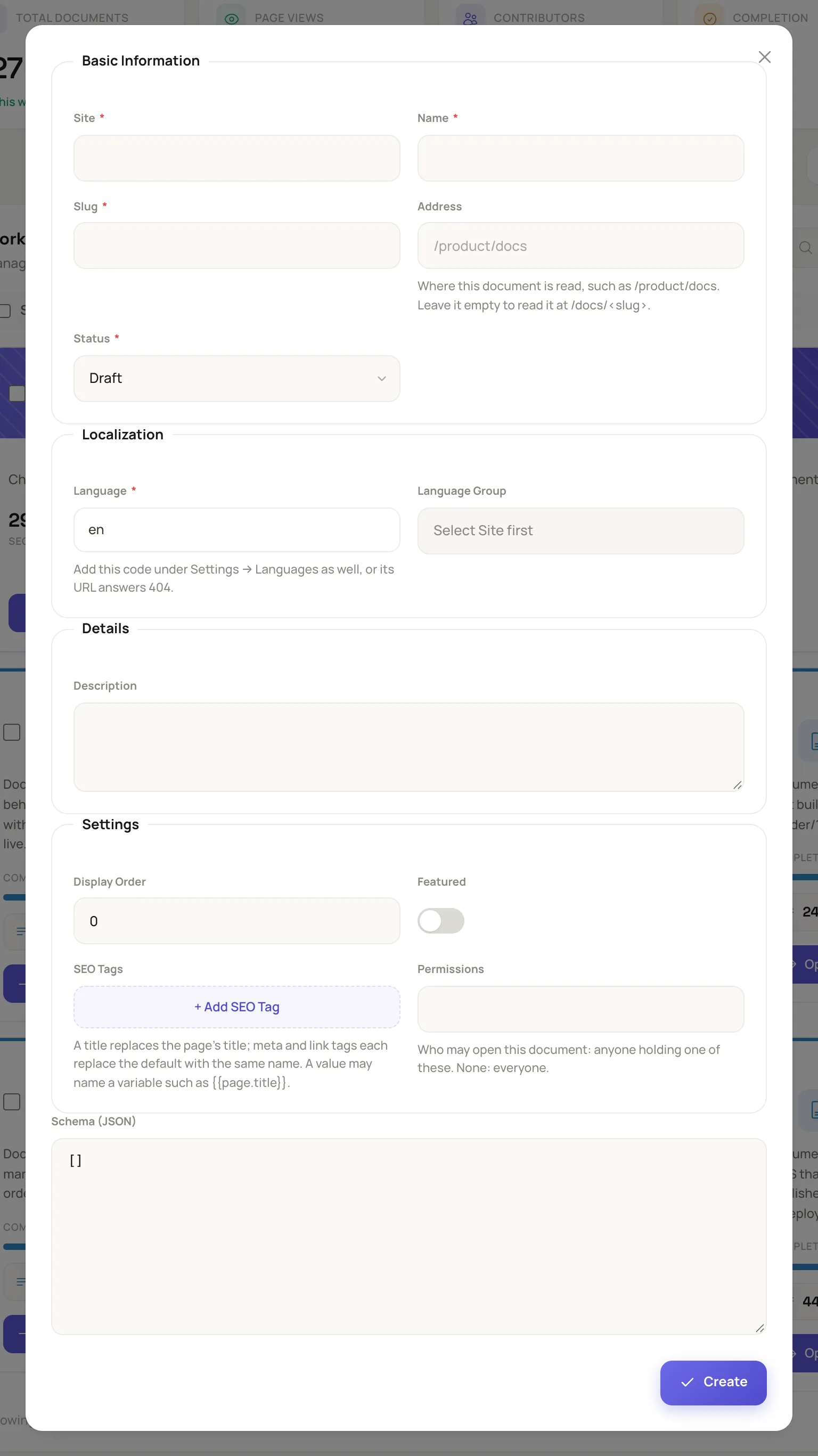 the Add Workspace dialog with the Basic Information, Localization, Details and Settings groups