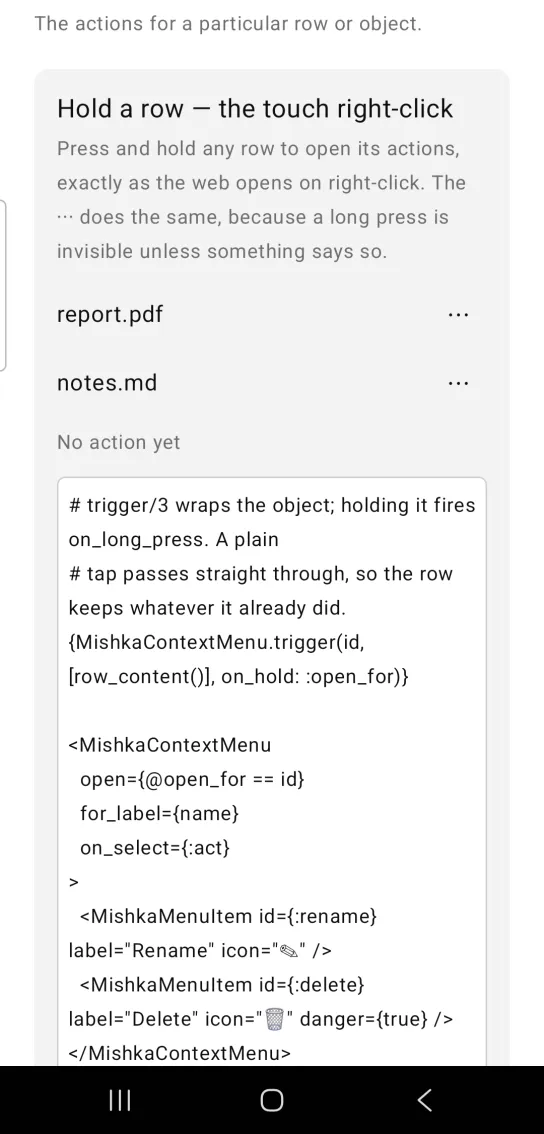 Context menu example card titled Hold a row, the touch right-click, with report.pdf and notes.md rows, each with a three dot button, and the text No action yet