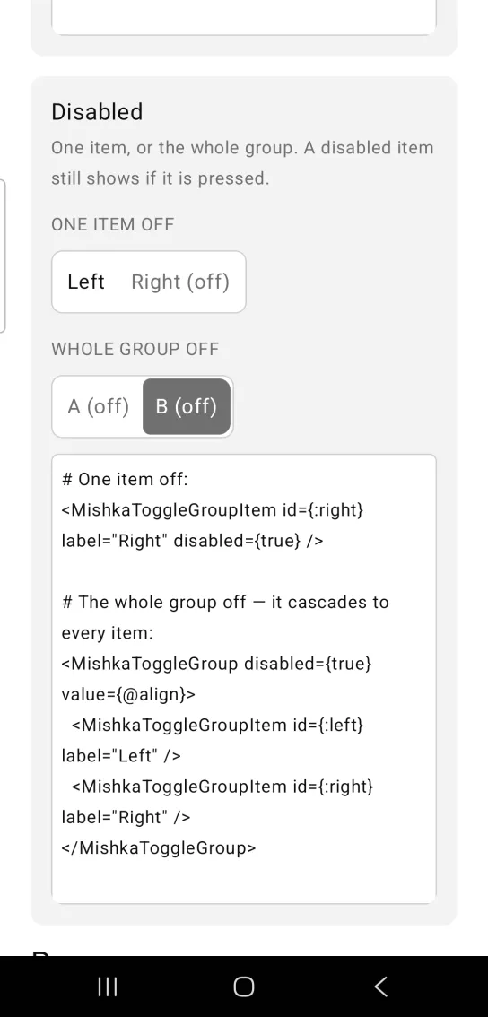 Disabled card: two toggle bars, ONE ITEM OFF with Left and a muted Right (off), and WHOLE GROUP OFF with a muted A (off) and B (off) filled gray
