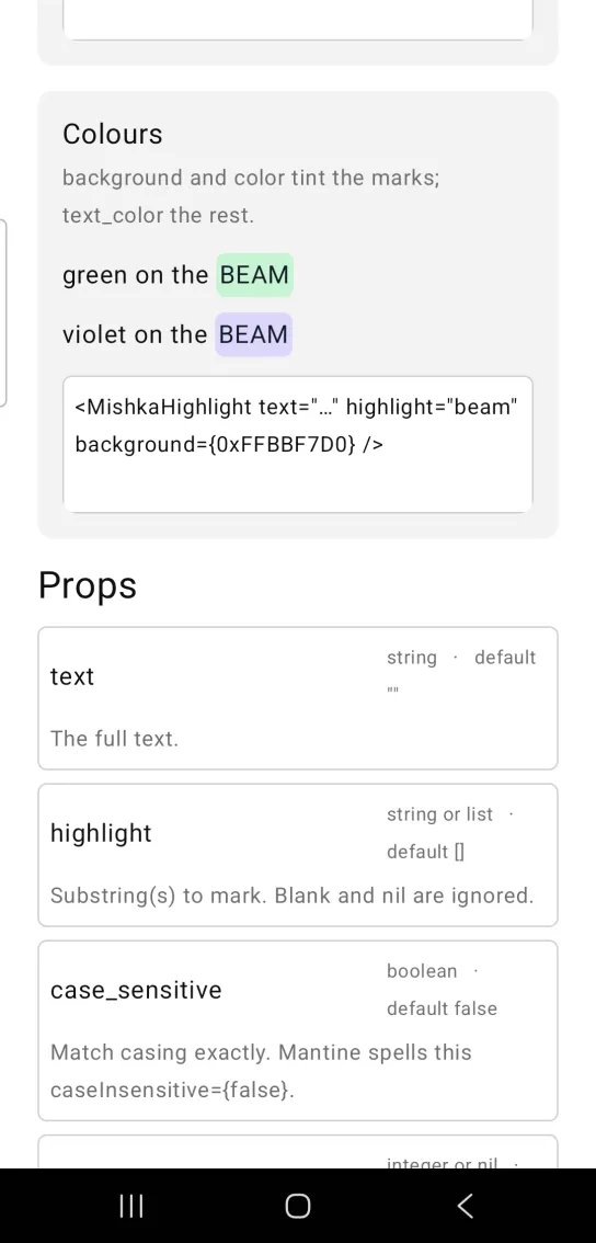 Highlight example card titled Colours, with two lines, green on the BEAM and violet on the BEAM, where BEAM is marked green on the first and violet on the second