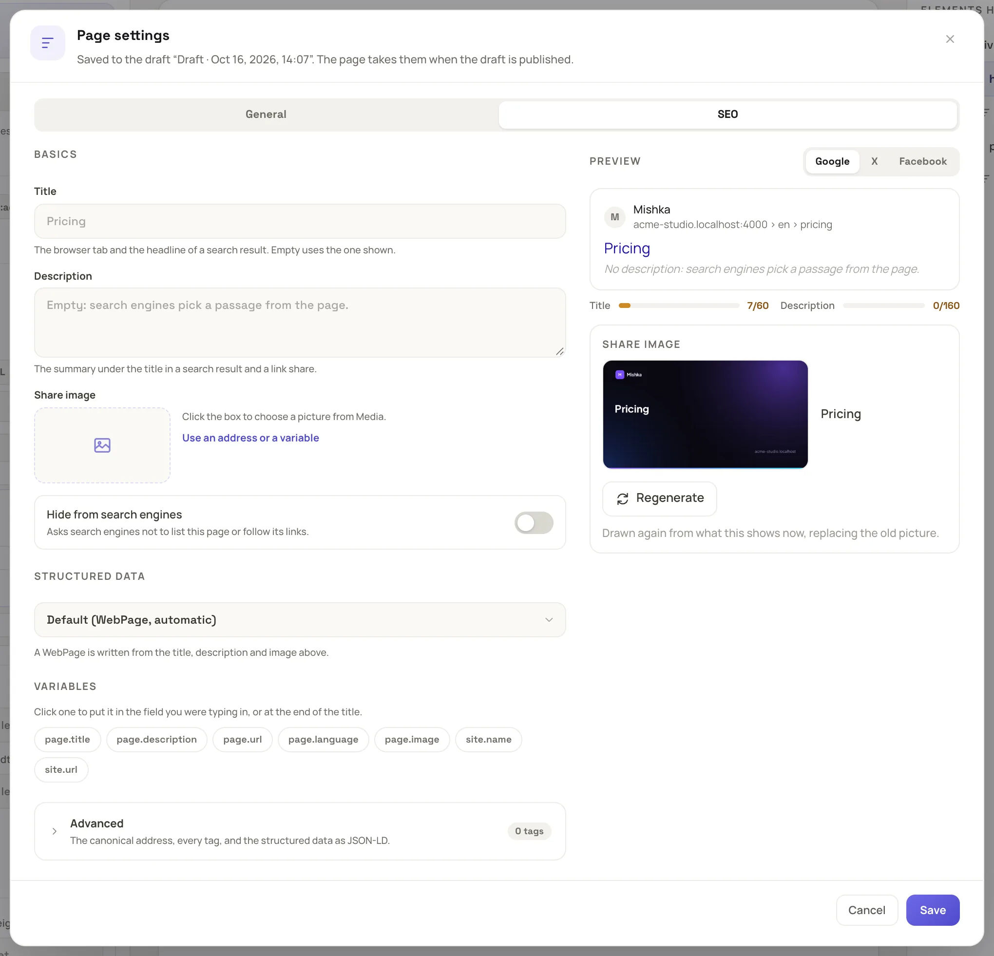 the Page settings dialog on the SEO tab, with Basics, Structured data and Advanced on the left and the Google preview with its Title and Description length bars on the right