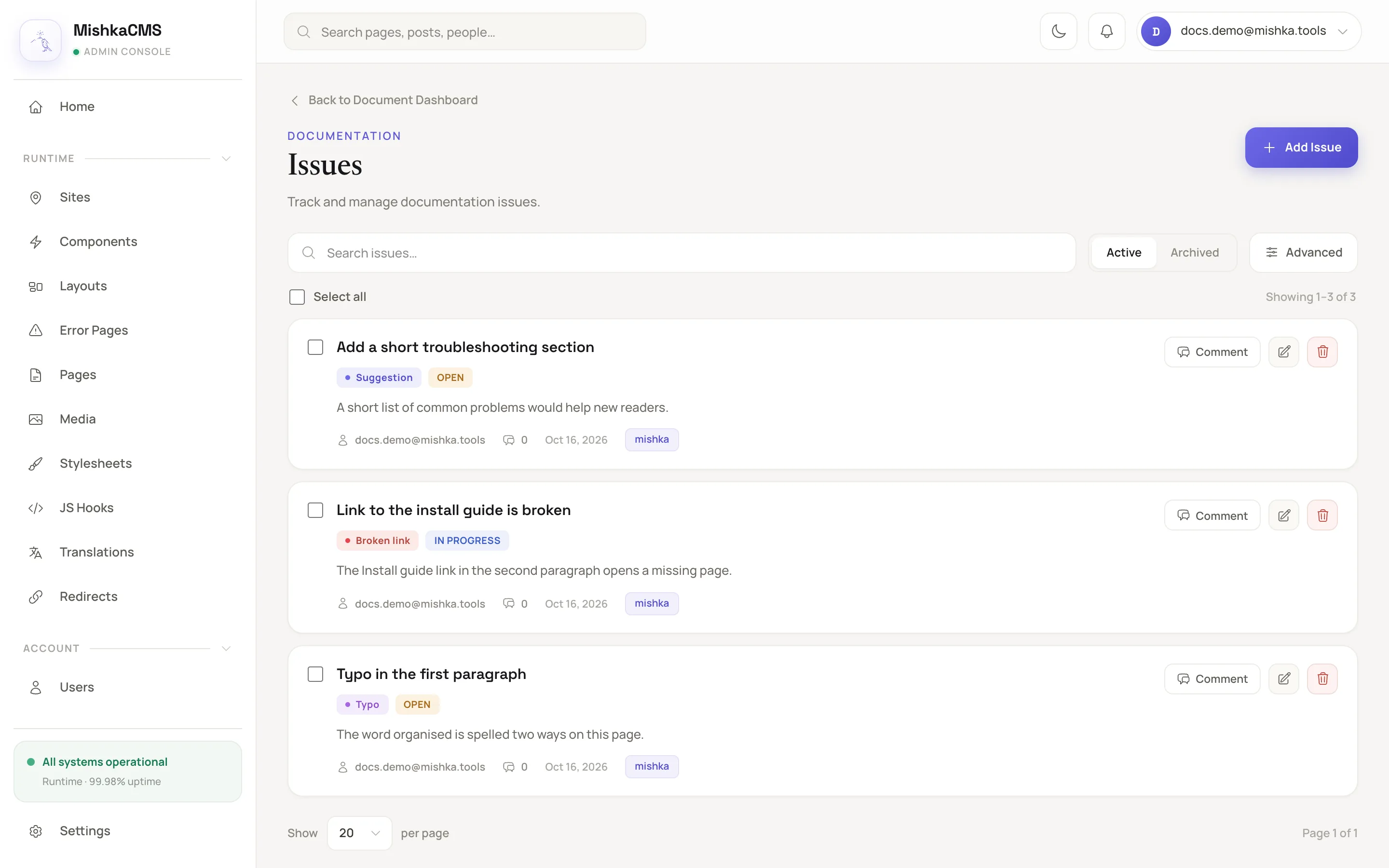 the Issues screen with the Add Issue button and a list of issue cards with their type and status