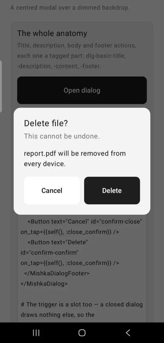 A centred dialog titled Delete file? with the line This cannot be undone and Cancel and Delete buttons, over a dimmed page.