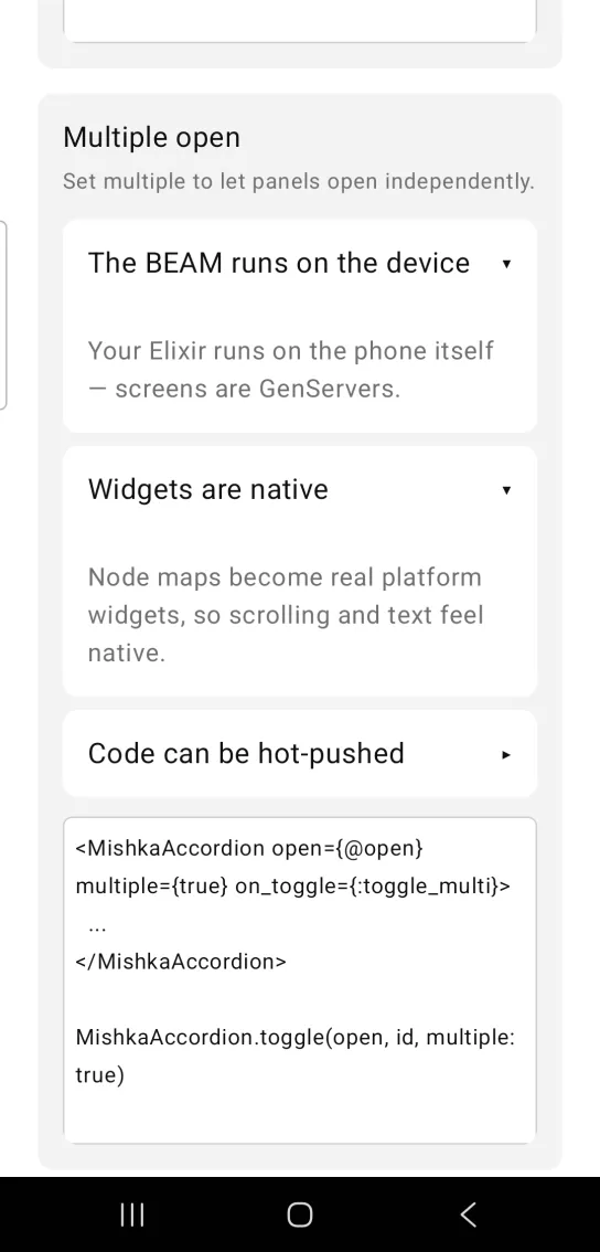 Accordion card titled Multiple open, with The BEAM runs on the device and Widgets are native both open, and Code can be hot-pushed closed