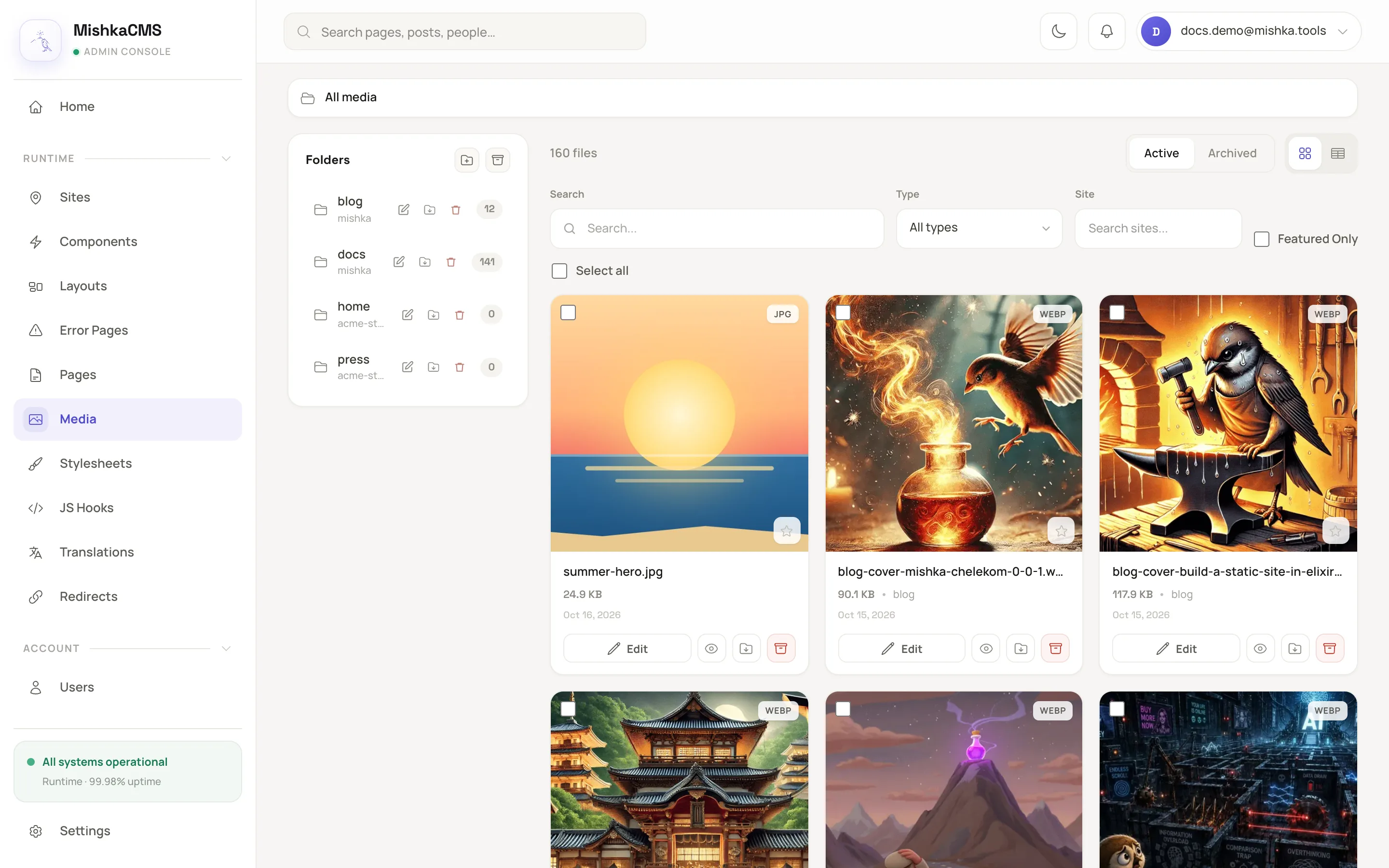 the Media Library list with the template switcher in the toolbar and the gallery of thumbnails below it
